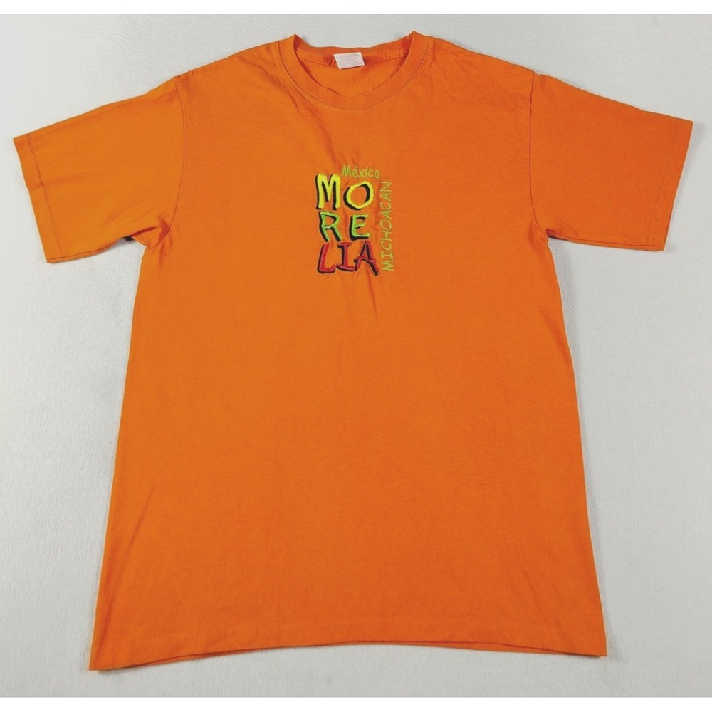 Vintage Yazbek Morelia Mexico Shirt Mens Medium Orange Embroidered Souvenir 90s